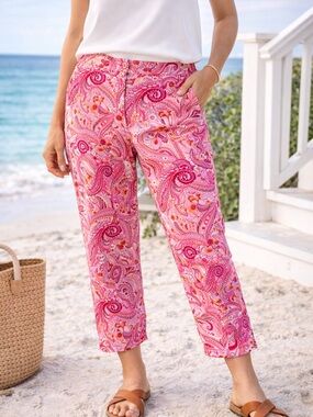 Lucia Labbes Pink Paisley Crop Pants Size 4 Preppy Coastal Side Zip Stretch